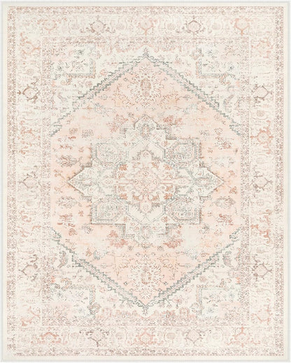LIVEBOX Pink Area Rug 8x10 - Large Oriental Floral Living Room Rugs Accent Rug for Bedroom, Non-Slip Retro Medallion Carpet Print Distressed Rugs for Dining Room Office (Pink/Peach)