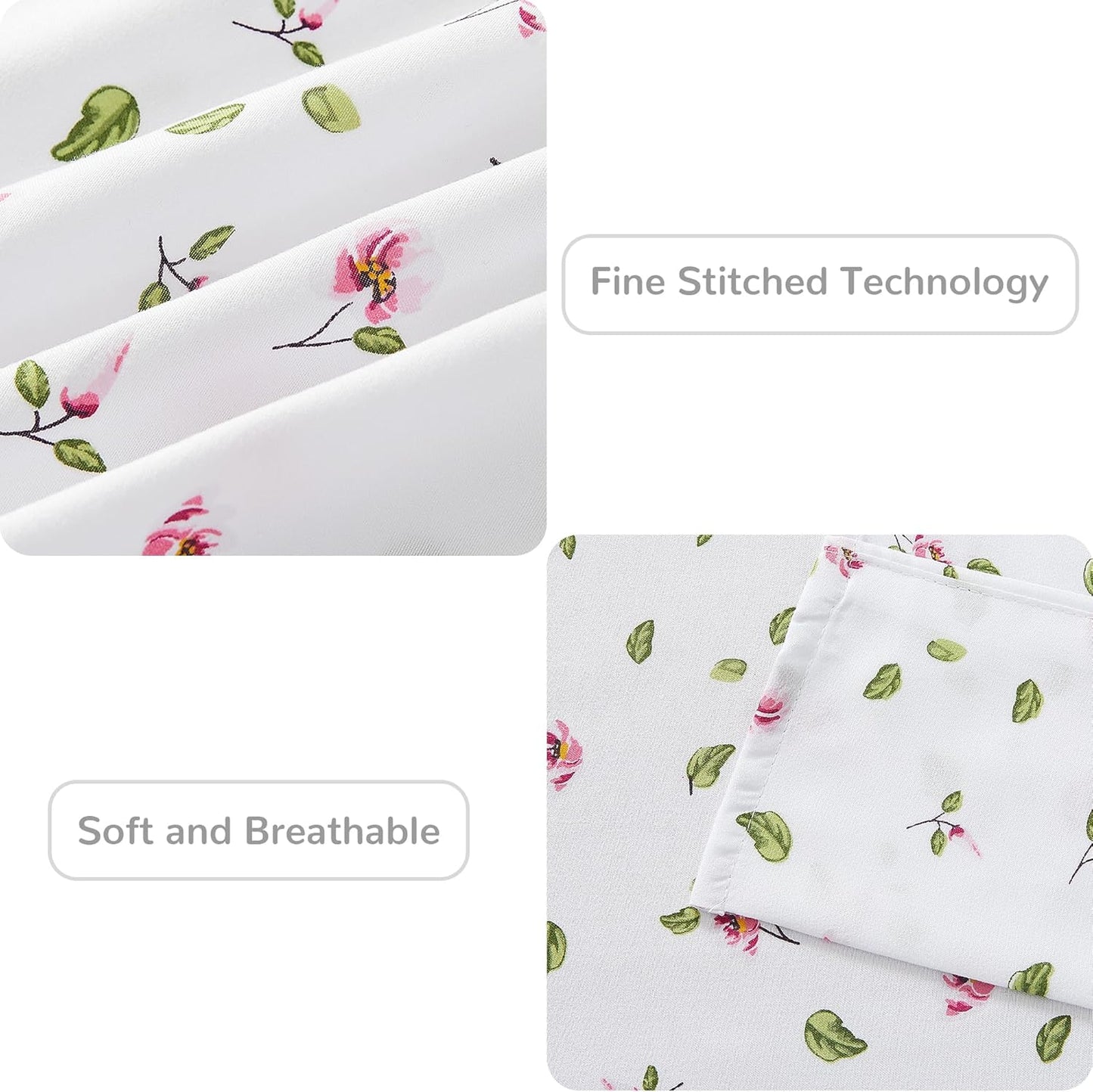 Mooreeke Queen Sheets Set - 4 Pieces Soft Breathable Microfiber Bed Sheet Set - Pink Flower Green Leaf Pattern Sheet Set - Deep Pocket Non-Slip Floral Printed Fitted Sheet Included for All Season