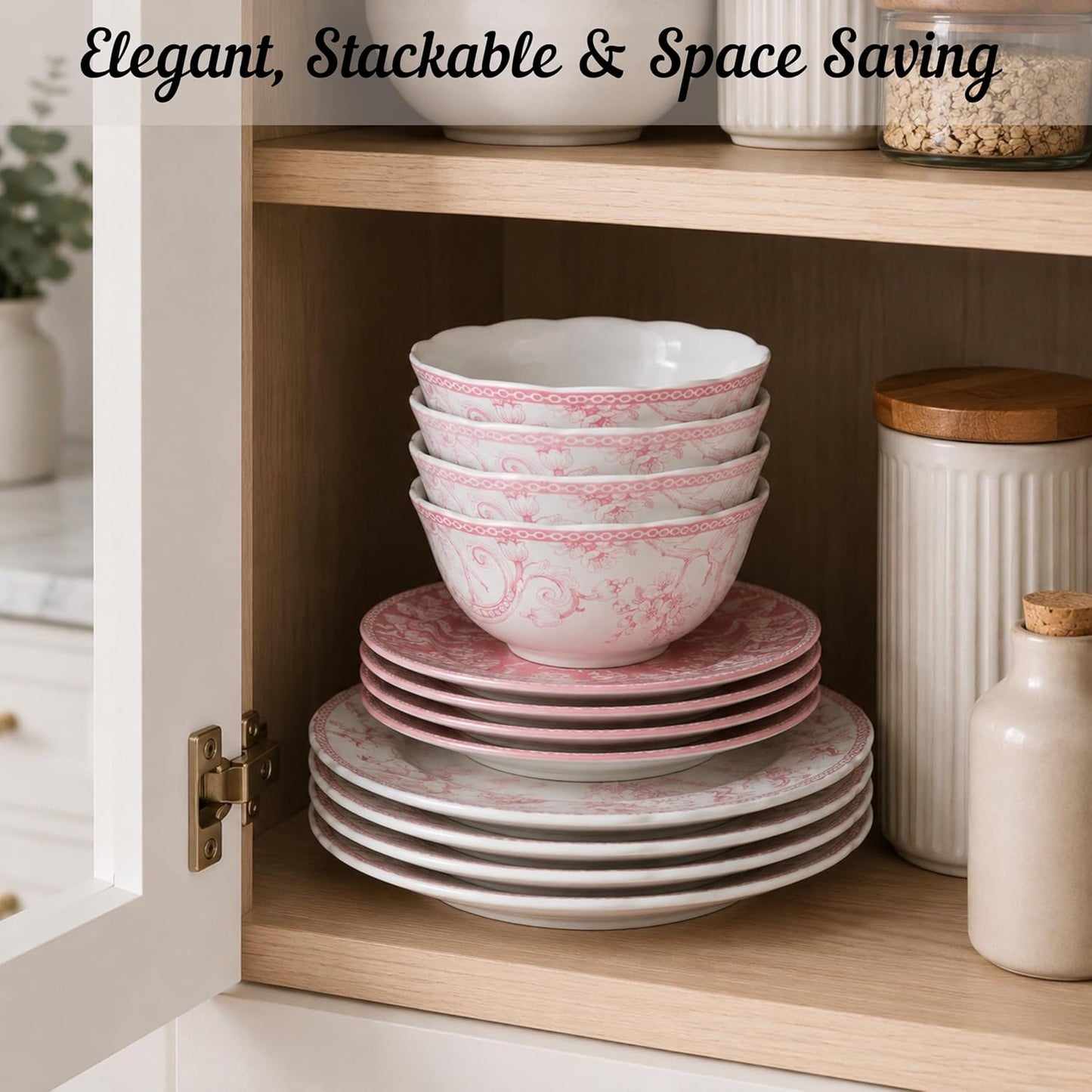 222 Fifth Adelaide Blush 12-Piece Pink Porcelain Dinnerware Set – Service for 4, Big Dinner Plates and Bowls Sets, White with Pink Floral Pattern, for Daily Entertainment, Microwave & Dishwasher Safe