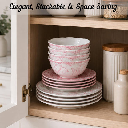 222 Fifth Adelaide Blush 12-Piece Pink Porcelain Dinnerware Set – Service for 4, Big Dinner Plates and Bowls Sets, White with Pink Floral Pattern, for Daily Entertainment, Microwave & Dishwasher Safe