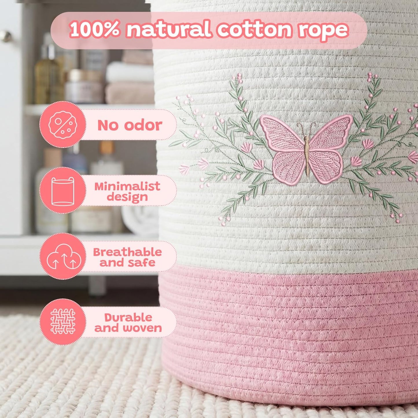 Honeydak Pink Butterfly Laundry Basket Hamper Coquette Laundry Basket Embroidered Cotton Rope Hamper 15 x 17.7 Inches Toy Box Large Coquette Decor Teen Girl Room Storage for Cloth Organization