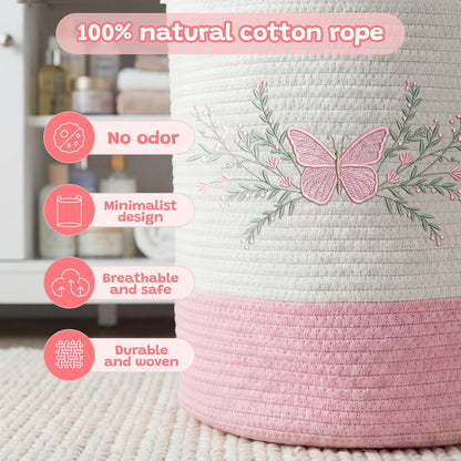 Honeydak Pink Butterfly Laundry Basket Hamper Coquette Laundry Basket Embroidered Cotton Rope Hamper 15 x 17.7 Inches Toy Box Large Coquette Decor Teen Girl Room Storage for Cloth Organization