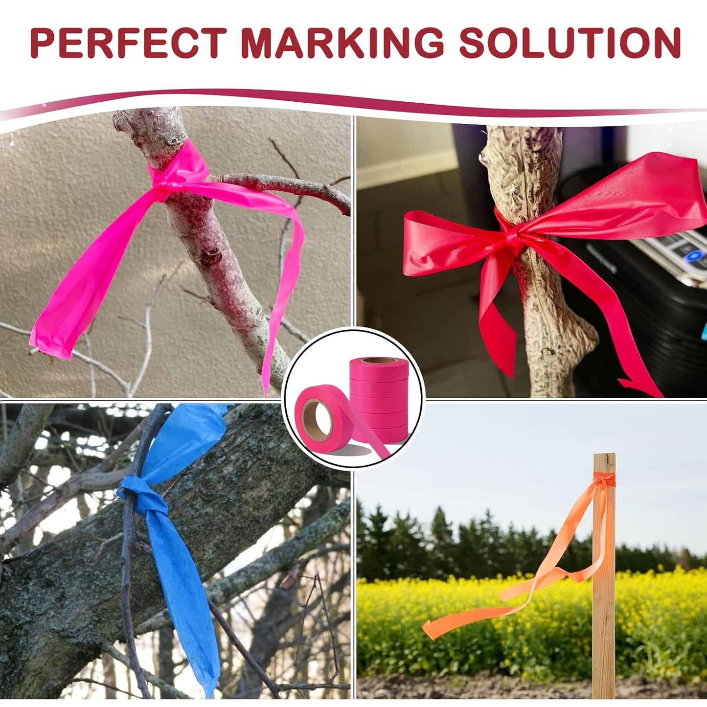 GEYYANG 12 Pack Fluorescent Pink Flagging Tape,Non-Adhesive Plastic Ribbon,Neon Marking Tape for Survey Boundaries, Trees and Hazardous Areas,Surveyors Tape,Flag Tape,1" x 98ft,3.35 Mil