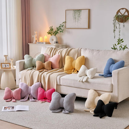 Bow Pillow, Decorative Throw Pillows with Soft Plush, Bow Throw Pillow for Couch Bed, Home Decor Bow Shaped Pillow for Bedroom Living Room (Grey Pink, 16 Inches)