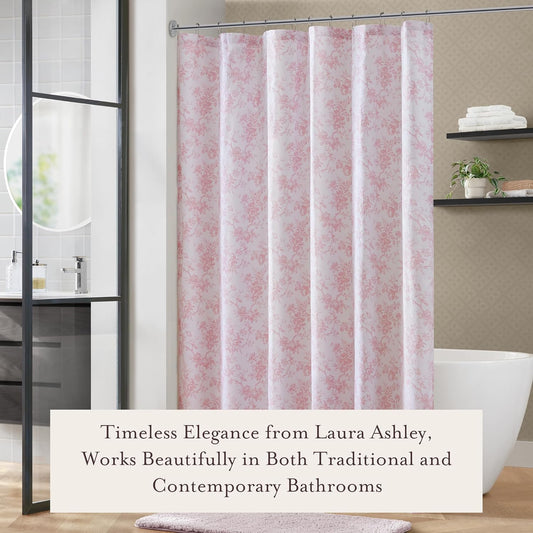 Laura Ashley Walled Garden Shower Curtain, Textured Cotton-Rich Slub Fabric, Tonal Floral Print, Elegant Transitional Bathroom Decor, Machine Washable 72"x72", Pink