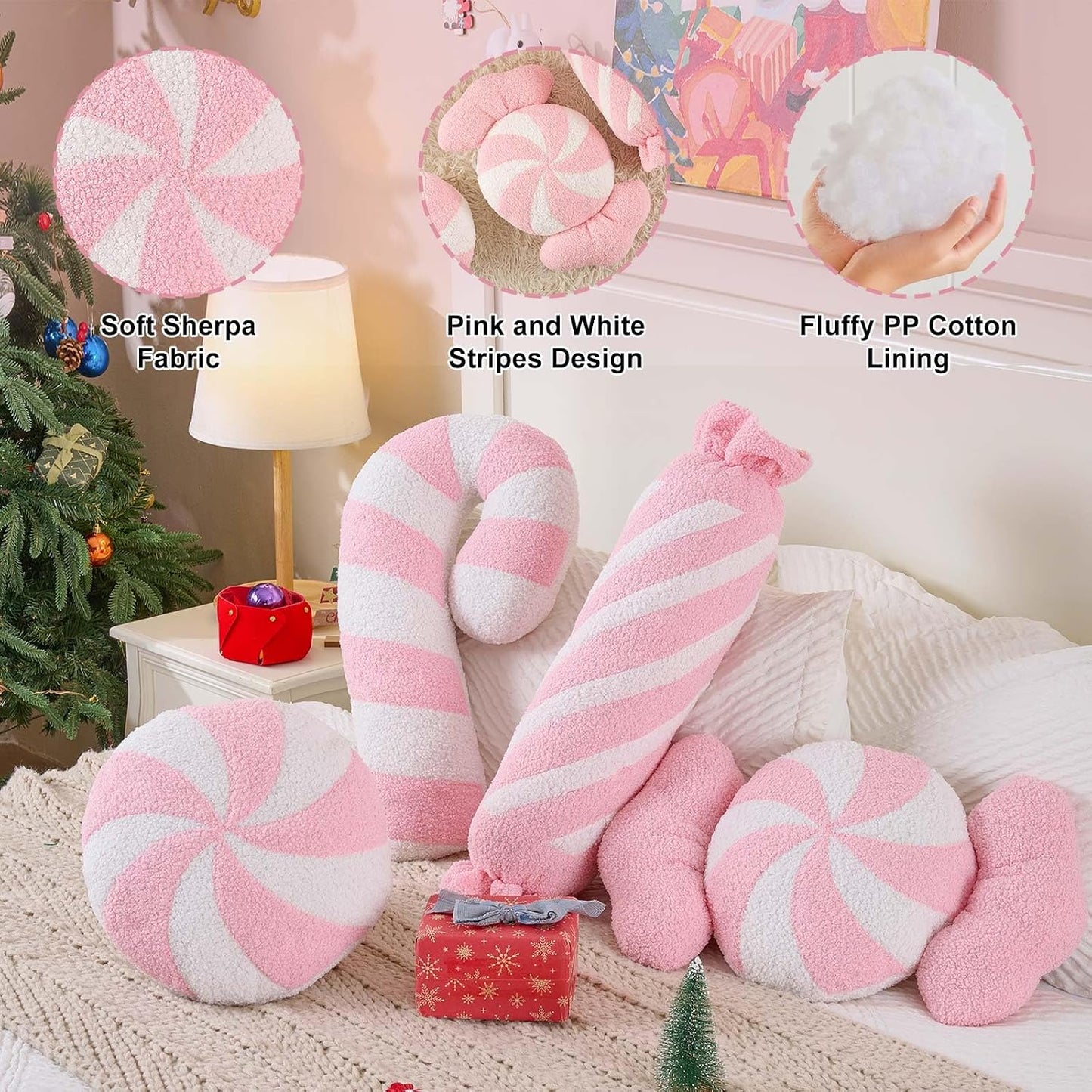 Lanpn Christmas Candy Cane Pillows Set of 2, Christmas Decoration Winter Throw Pillow Soft Fleece Long Lumbar Candycane Lollipop Peppermint Cushion for Sofa Xmas Decor (22x12 inch, Pink)