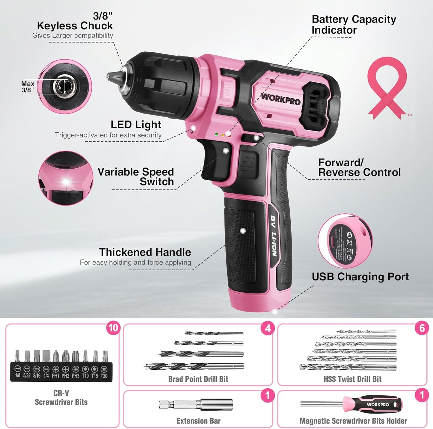WORKPRO Pink Tool Set with Drill, 43PCS Power Drill Set with Toolbox, 8V Lithium-ion Cordless Drill and Bits, 2.0 Ah Portable Electric Screwdriver Home Tool Set with Stackable Box- Pink Ribbon