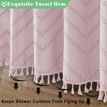 OWENIE Boho Shower Curtain, Blush Pink Fabric Cloth Shower Curtains Farmhouse Tufted Chevron Striped Textured with Tassel for Bathroom, Soft Hotel Style Modern Minimalist, Machine Washable, 72x72