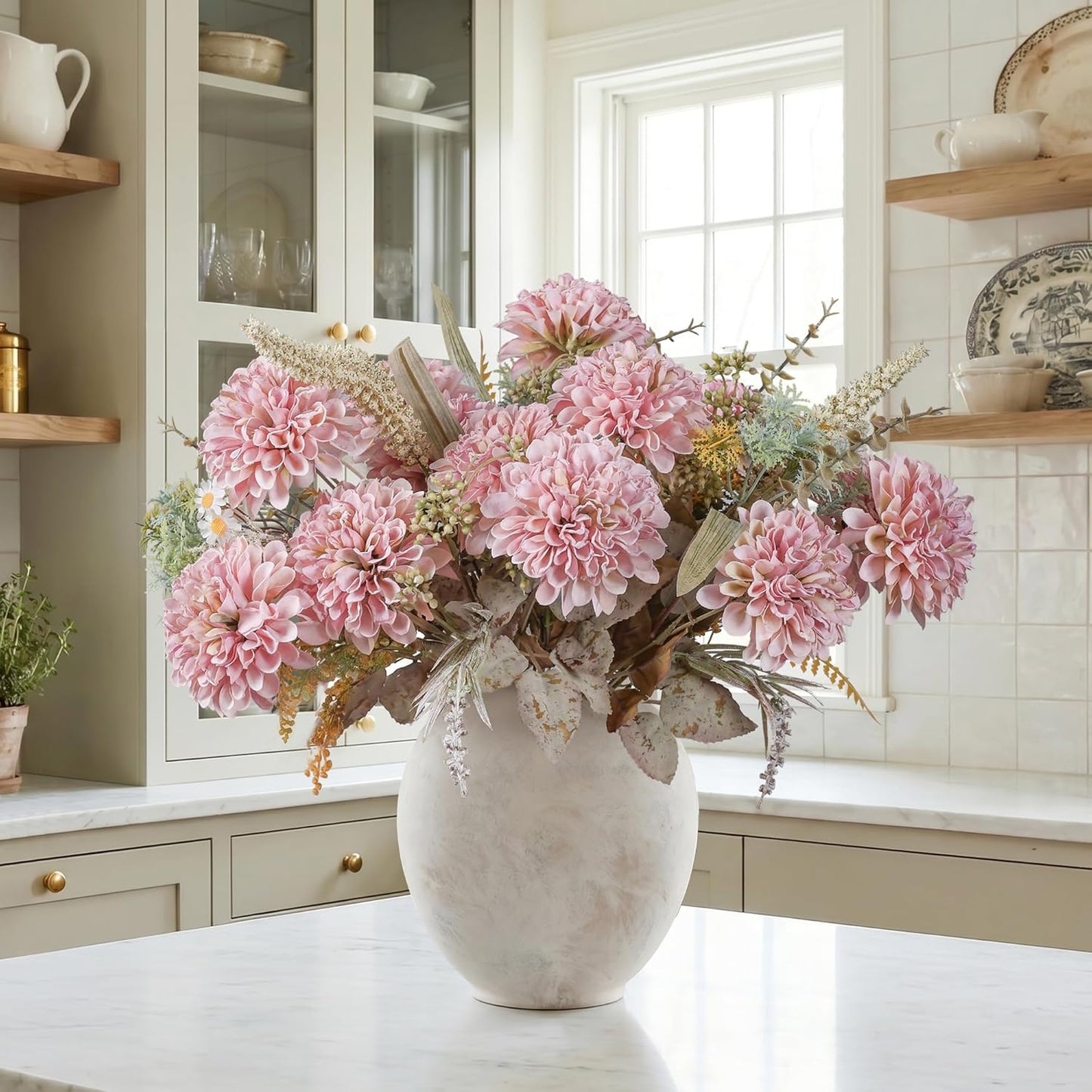 10 Heads Artificial Flowers Ball Mums Indoor for Vase, Large Silk Faux Chrysanthemum with Stems, Fake Bouquet for Home Decor Table Filler, 2 Pack (Pink)