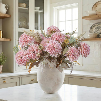 10 Heads Artificial Flowers Ball Mums Indoor for Vase, Large Silk Faux Chrysanthemum with Stems, Fake Bouquet for Home Decor Table Filler, 2 Pack (Pink)