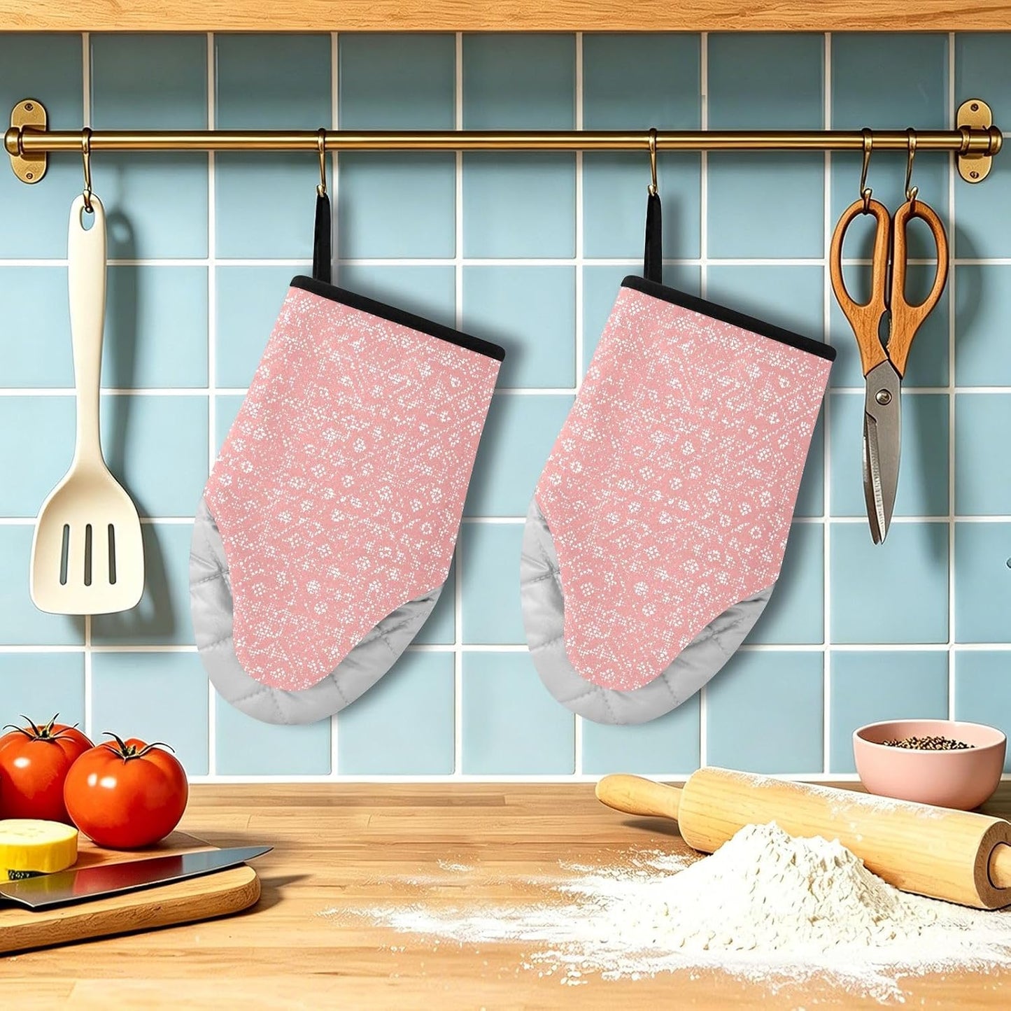 Oven Mitt 2 Pack Set Light Pink Pattern Kitchen Mitts Gloves for for Cooking Baking Grilling