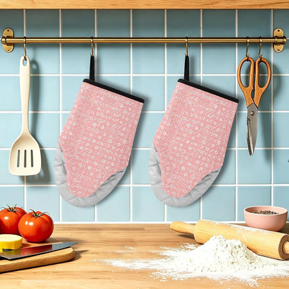 Oven Mitt 2 Pack Set Light Pink Pattern Kitchen Mitts Gloves for for Cooking Baking Grilling