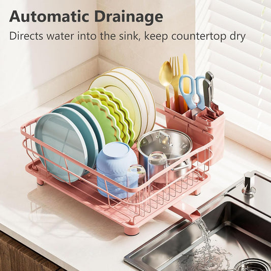 AIDERLY Iron Dish Drying Rack Auto Drain Dish Drainers Kitchen Counter Strainer with Draining Tray, Pink