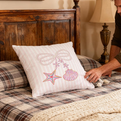 Coquette Pink Starfish Shell Pearl Bow Coastal Pillow Covers 18x18, Preppy Beach Room Decor, Girly Pink Striped Beach Decorative Throw Pillow Covers for Girls Bedroom Dorm Apartment