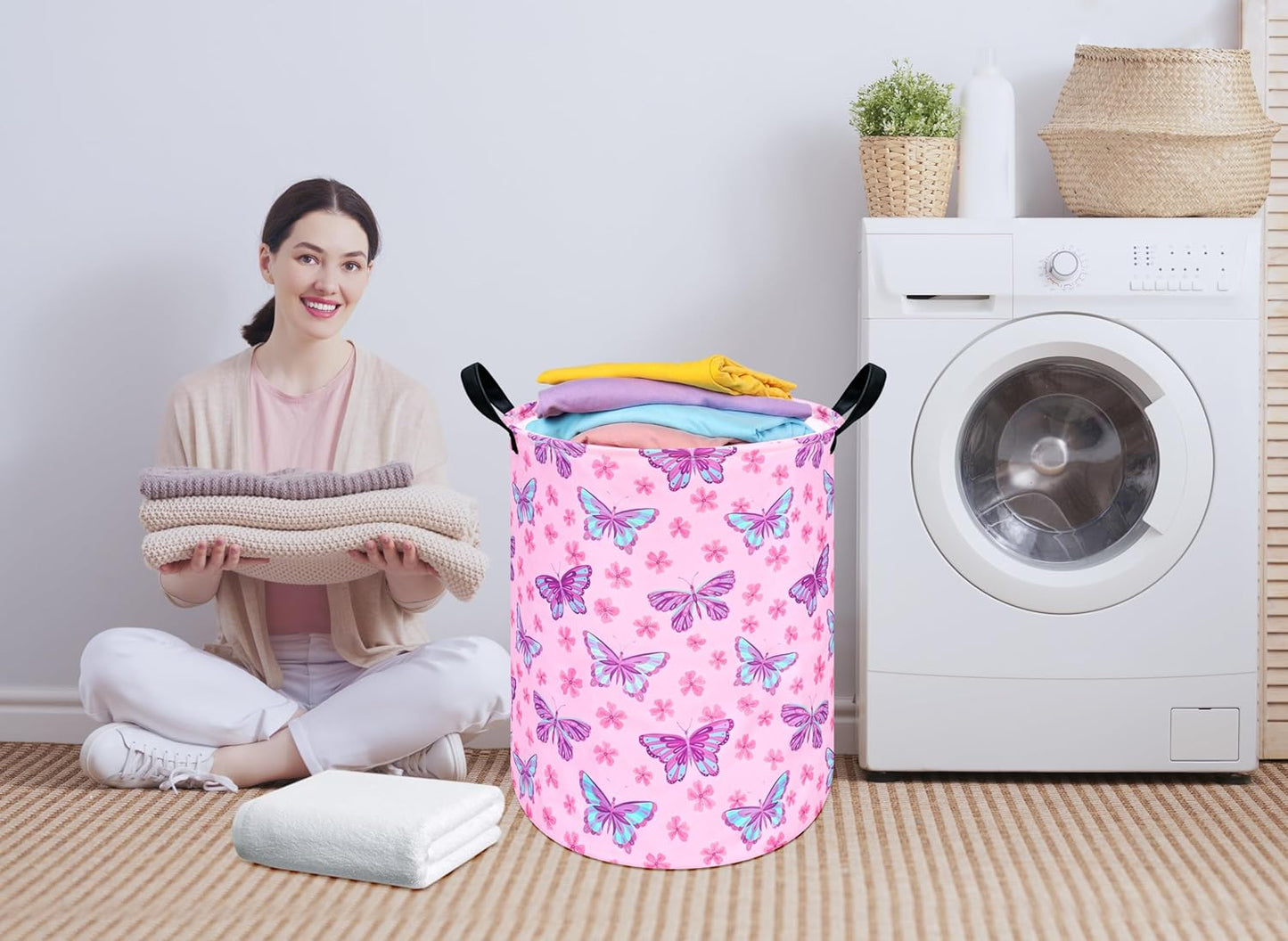 Round Butterfly Pattern Laundry Hamper Storage Basket Fabric Material Storage Hamper Organization Basket, Storage Bin, Gift Box with Handles for Room
