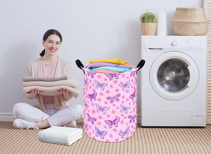 Round Butterfly Pattern Laundry Hamper Storage Basket Fabric Material Storage Hamper Organization Basket, Storage Bin, Gift Box with Handles for Room