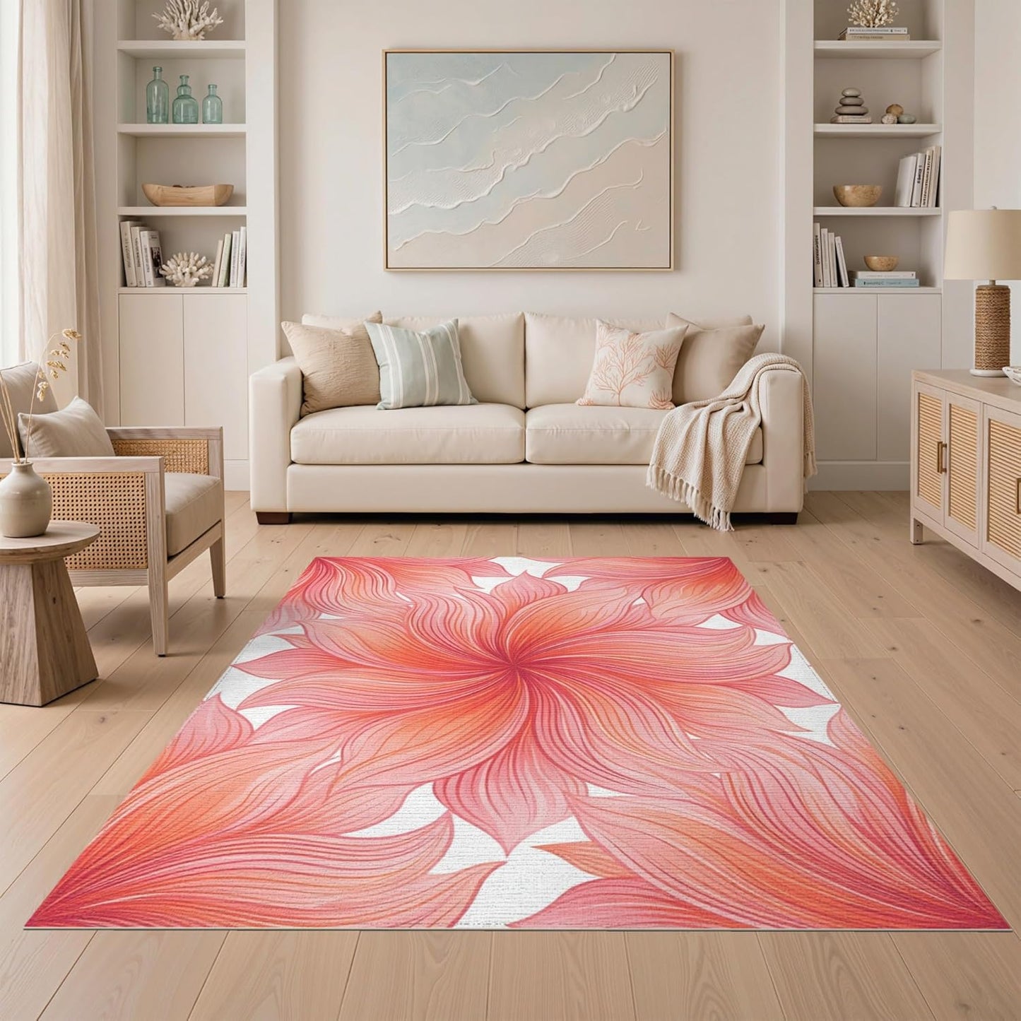 5'x7' Washable Modern Botanical Area Rug, Peach Flatwoven Floor Covering Non-Slip Chair-Friendly Carpet for Dining Room, Under Table, Home Office | Ref:2179359