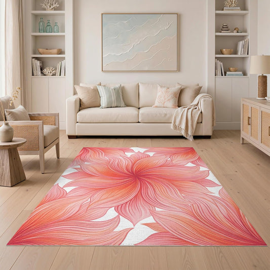 5'x7' Washable Modern Botanical Area Rug, Peach Flatwoven Floor Covering Non-Slip Chair-Friendly Carpet for Dining Room, Under Table, Home Office | Ref:2179359