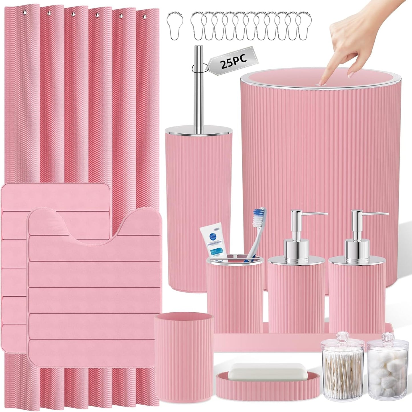 Light Pink Bathroom Accessories Set - Bathroom Sets, 25PC Bath Accessory Set, Bathroom Sets with Push Top Trash Can, Shower Curtain and Rugs, Toilet Brush, Trash Can & Soap Dispenser