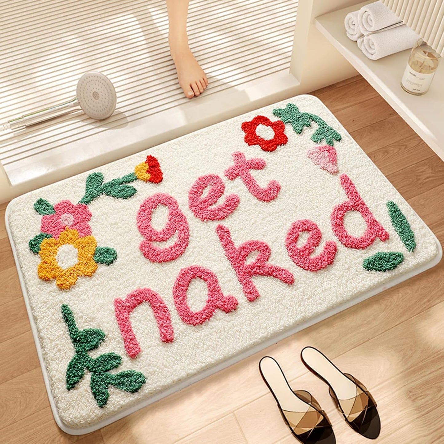 Get Naked Bath Mat, Cute Floral Bathroom Mat Green Leaves Bath Mat, Extra Soft Non Slip Absorbent Bathtub Mat, Machine Washable Fluffy Microfiber Funny Decor Mat for Bedroom Shower 20x31 IN (Pink)
