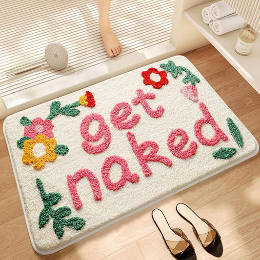 Get Naked Bath Mat, Cute Floral Bathroom Mat Green Leaves Bath Mat, Extra Soft Non Slip Absorbent Bathtub Mat, Machine Washable Fluffy Microfiber Funny Decor Mat for Bedroom Shower 20x31 IN (Pink)