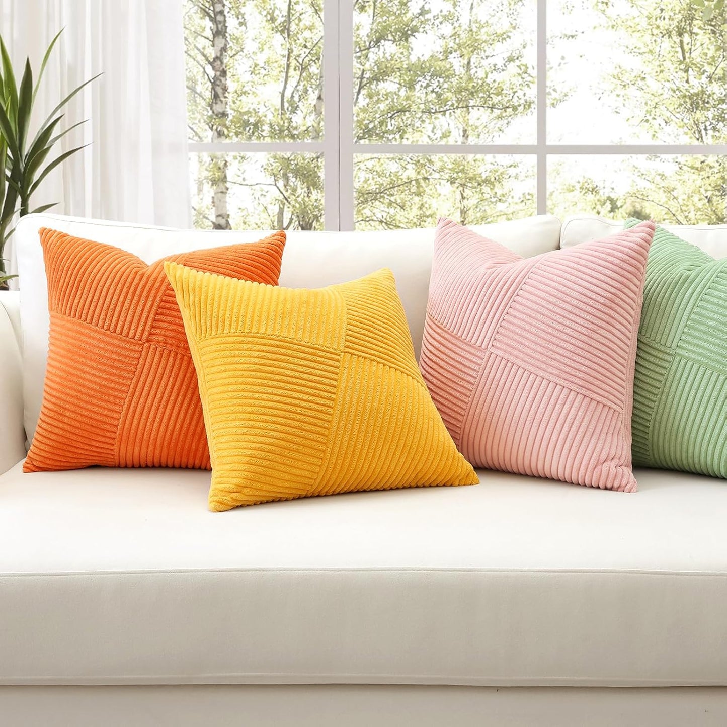 OTOSTAR Set of 1 Decorative Throw Pillow Cover Soft Corduroy Solid Square Pillow Cases Boho Striped Windmill Patchwork Textured Cushion Cover for Sofa Car Bed Living Room 18x18 Inch, Pink
