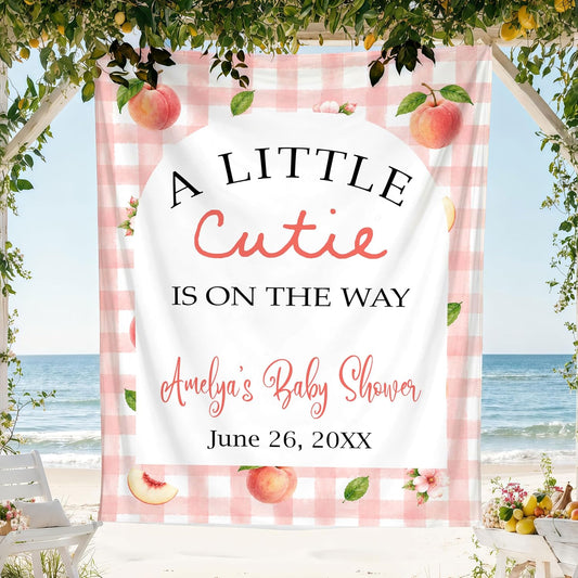 Little Cutie Baby Shower Backdrop, Peach BabyShower Decorations, Pink Gingham Baby Shower Banner, Cutie Babys Showers Welcome Sign, Peach Theme BabyShower Photo Booth Background