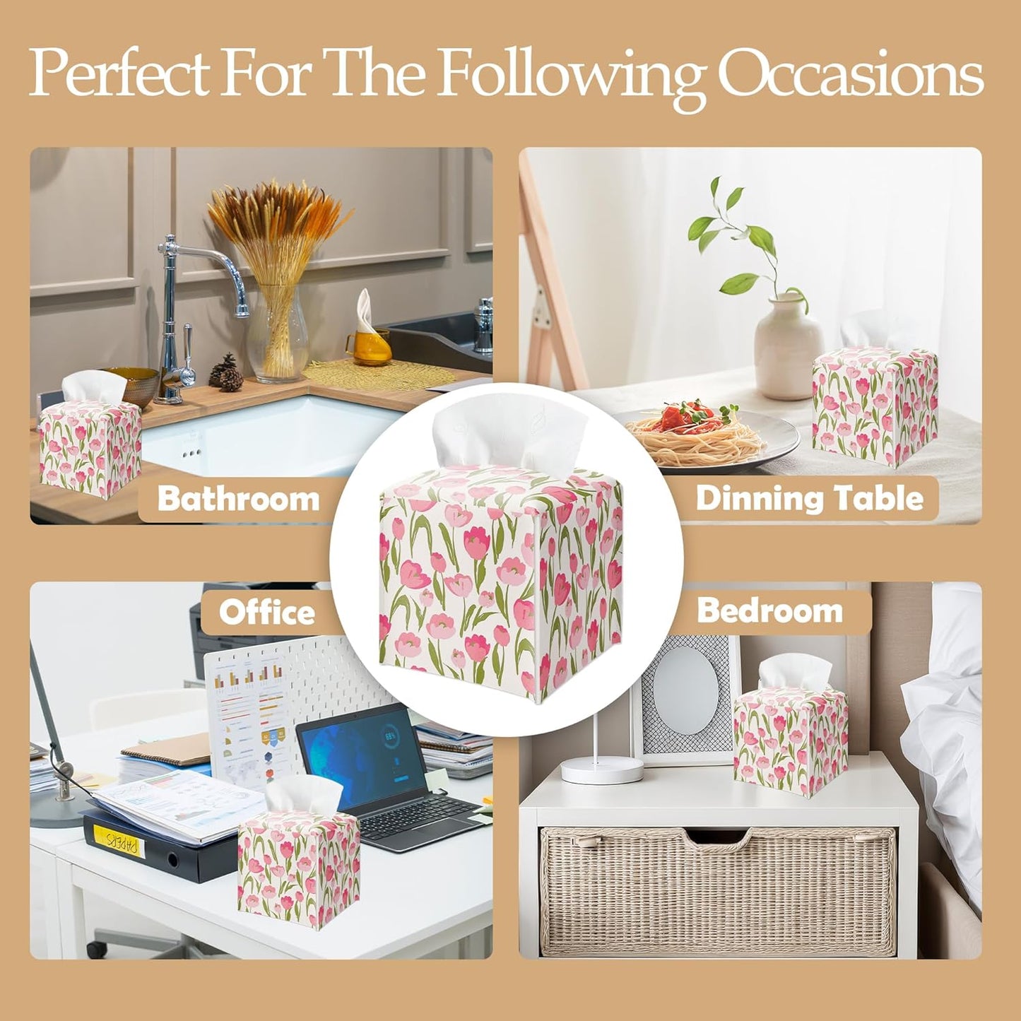 Spring Pink Floral Tissue Box Cover Square - Tulip Flowers Tissue Holder - Waterproof Facial Paper Organizer for Home Bathroom Office - Desk Tabletop Supplies Decorative Dispenser Box - A02