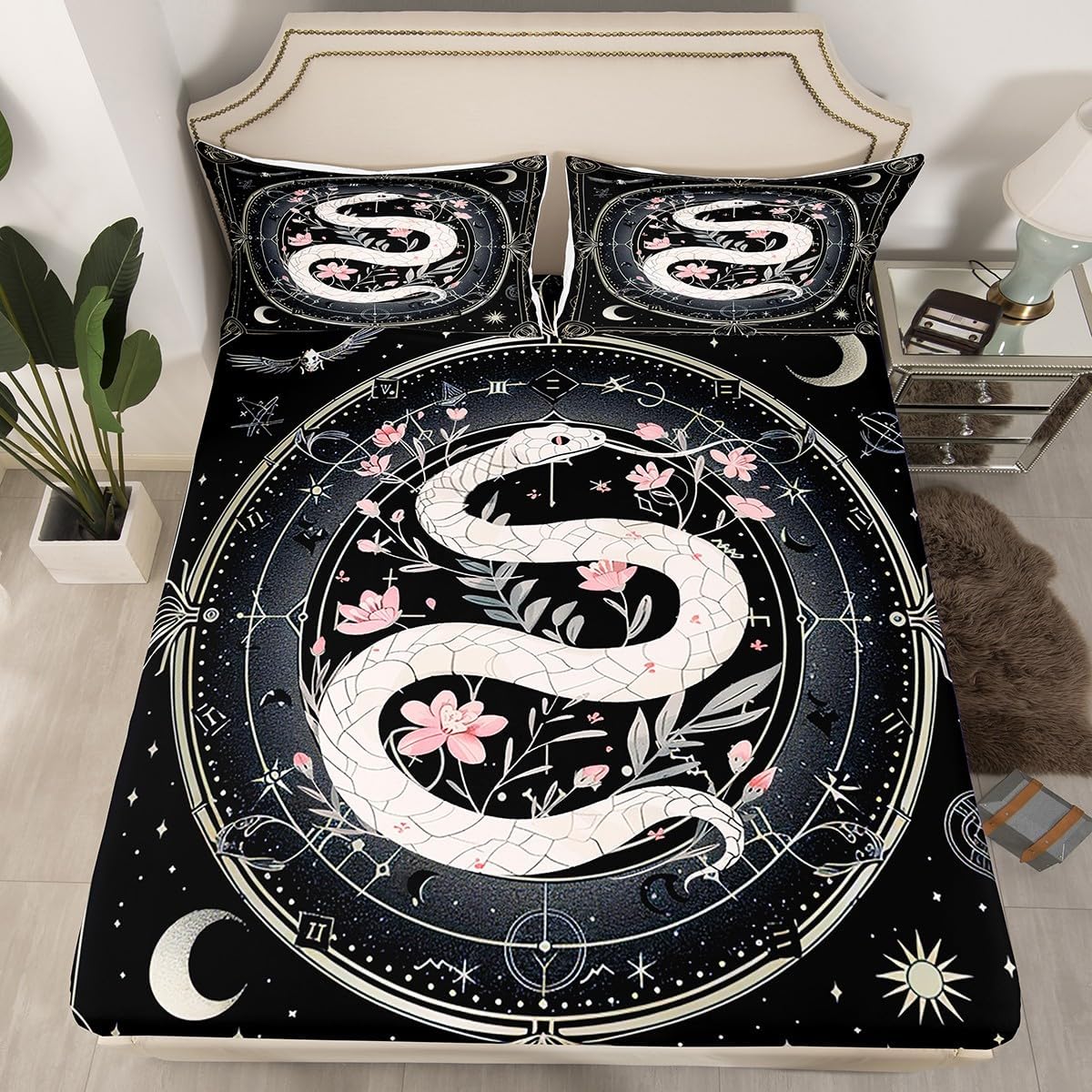 Castle Fairy White Snake Sheet Set,Kids Pink Peach Blossom Bed Sheets Set,Boho Sun Moon Bedding Set for Boys Teens Sheets Soft Room Decor Twin Size(1 Flat Sheet+1 Fitted Sheet+1 Pillowcase)