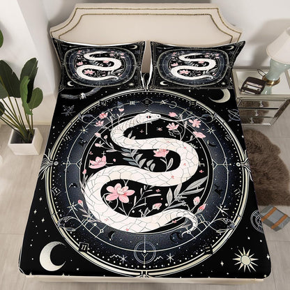 Castle Fairy White Snake Sheet Set,Kids Pink Peach Blossom Bed Sheets Set,Boho Sun Moon Bedding Set for Boys Teens Sheets Soft Room Decor Twin Size(1 Flat Sheet+1 Fitted Sheet+1 Pillowcase)