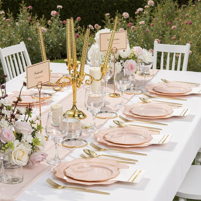 WDF 200PCS Pink Plastic Plates - Pink and Gold Plastic Plates - Include 100 Dinner Plate and 100 Cake Plate for Spring/Wedding/Bridal Shower/Tea party