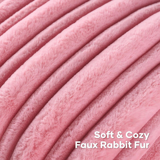 FUTEI Pack of 2 Faux Rabbit Fur Throw Pillow Covers 18x18 Inch Soft Fluffy Thick & Thin Striped Textured Decorative Cushion Case Modern Farmhouse Accent for Couch Bed Living Room, Bright Pink