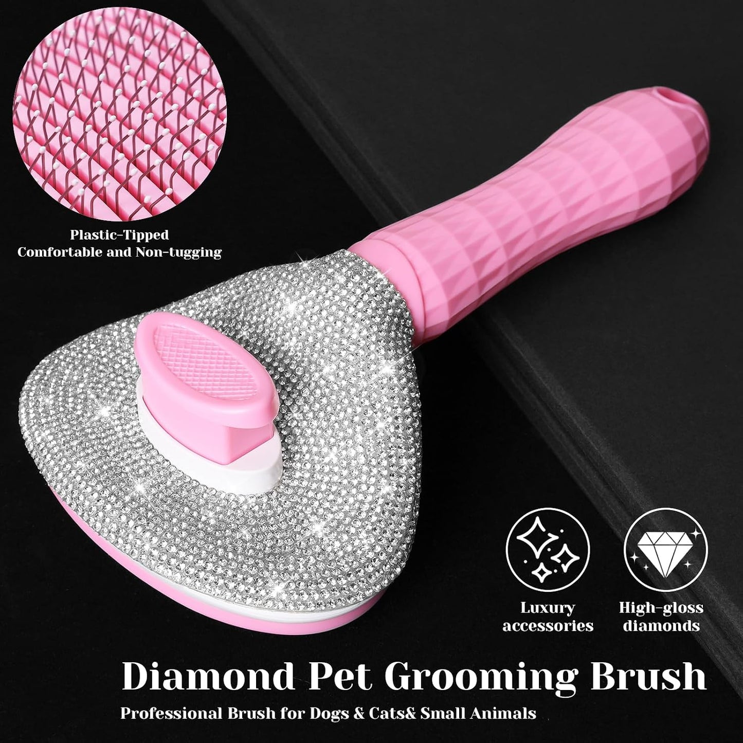 Full Diamonds Self Cleaning Brush for Dogs & Cats - Skin Friendly Slicker Cat & Dog Brush for Shedding - Rhinestone Pink