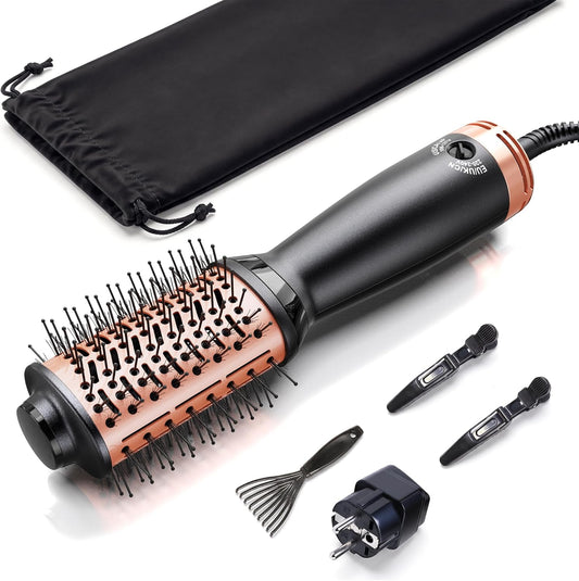 Dual Voltage Hair Dryer Brush Travel Size(110-220V), Compact Light-Weight European Travel Blow Dryer Brush for Hair Volume, Smoothness & Curls, One Step Travel Hair Dryer Brush, Pouch & EU Plug