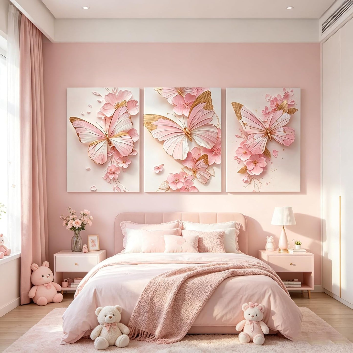 3 Pcs Pink Butterfly Floral Canvas Wall Art, Pink and Gold Room Wall Decor, HotPink Flower Painting Poster, Aesthetic Butterfly Picture for Grils Room Living Room Bathroom Bedroom Home Decorations 12 * 16 in (Stretched Canvas on A Wooden Frame)