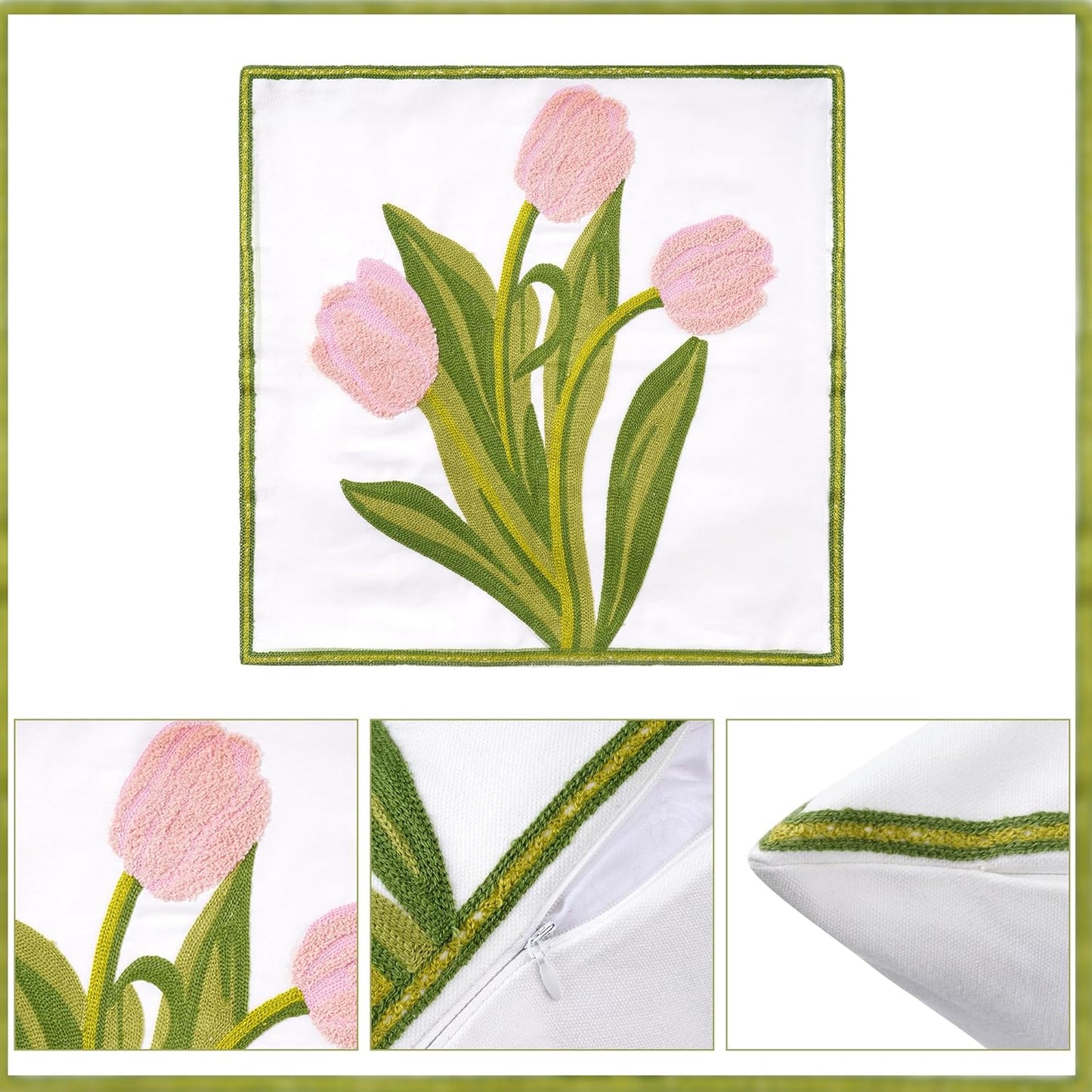 Embroidered Boho Floral Pillow Covers 18x18 Inch Linen Spring Decorative Throw Pillow Cases for Living Room Couch Sofa Bed Home Decor (Pink)