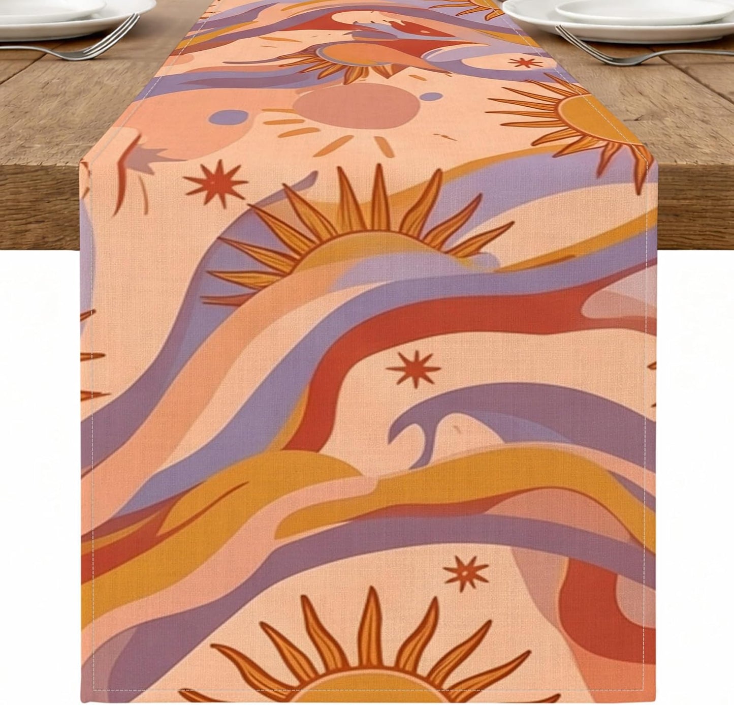 Bohemian Abstract Table Runner, Peach Sun Waves Pattern for Seasonal Dining Decor and Holiday Gatherings 13x72 Inch