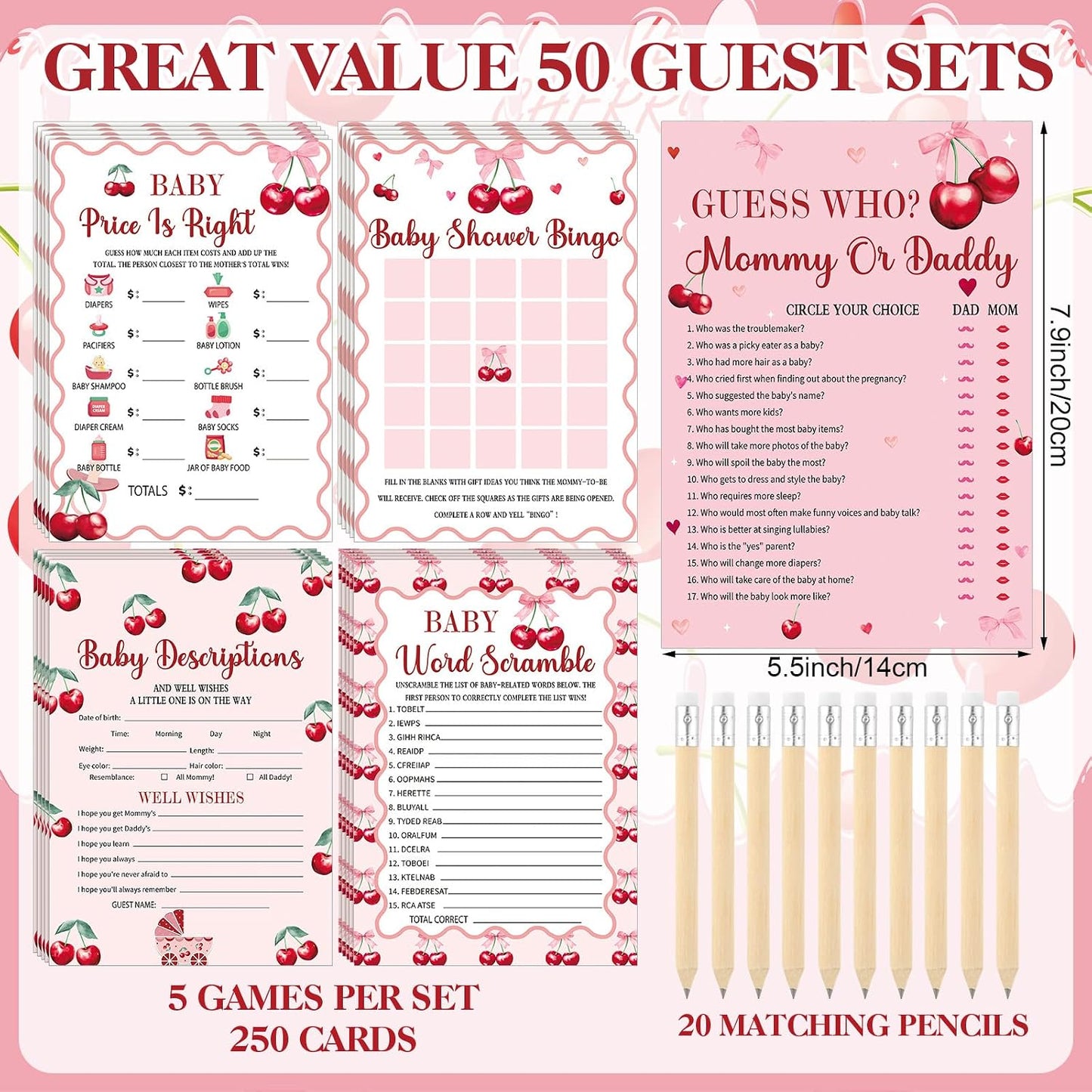 Patelai 321 Cherry Baby Shower Decorations Games Supplies Pink She's The Cherry on Top Baby Shower Games Themed Don't Say Sign for Cherries Themed Gender Reveal Birthday Party Decorations Supplies