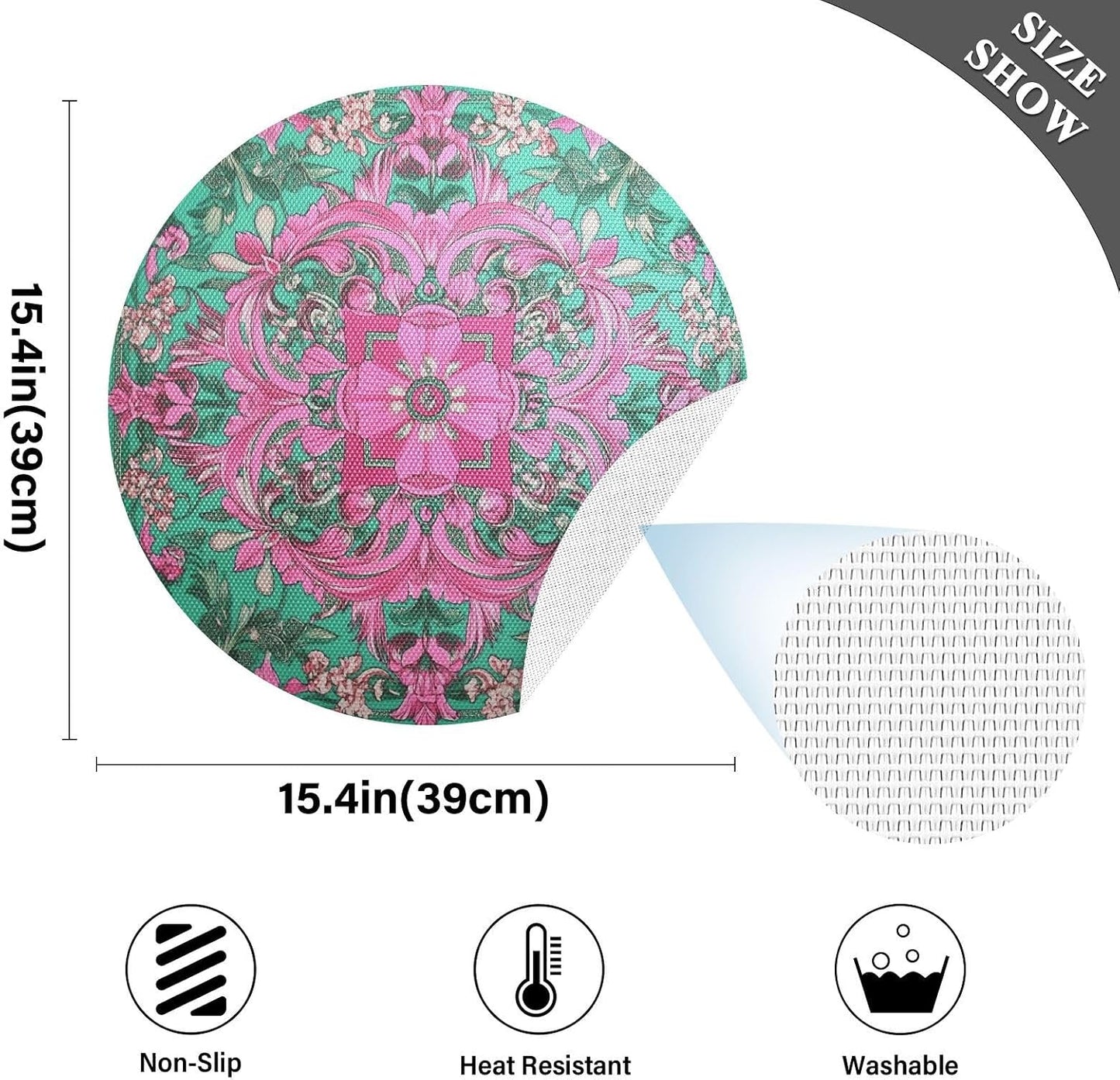 Retro Flower Pattern Peach and Green Round placemats Set Reversible Quilted placemats placemats Washable Plastic placemat with Plate placemats Easy to Clean Waterproof Round placemats Set of 6