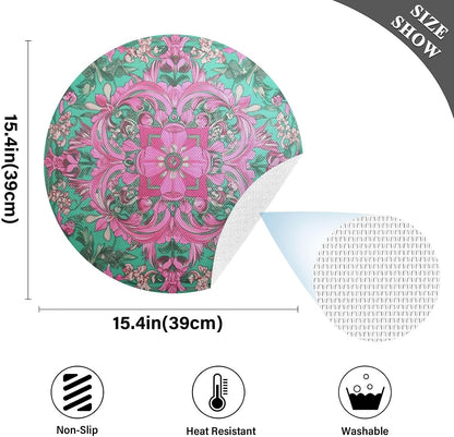 Retro Flower Pattern Peach and Green Round placemats Set Reversible Quilted placemats placemats Washable Plastic placemat with Plate placemats Easy to Clean Waterproof Round placemats Set of 6