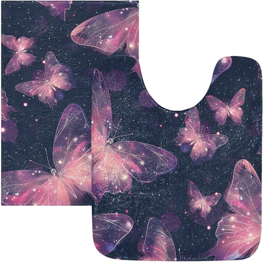 ALAZA Light-Pink Butterfly Starry U Shape Toilet Bath Mat for Bathroom Contour Rug Carpet, Fluffy & Absorbent Fluffy Absorbent & Machine Washable