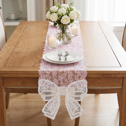 Pink Lace Table Runner with Big Bow Ends, Rectangle Cute Doily Table Runner Embroidered Pink Lace Tablecloth French Style Bow Tablecloth for Wedding Home Party Decor