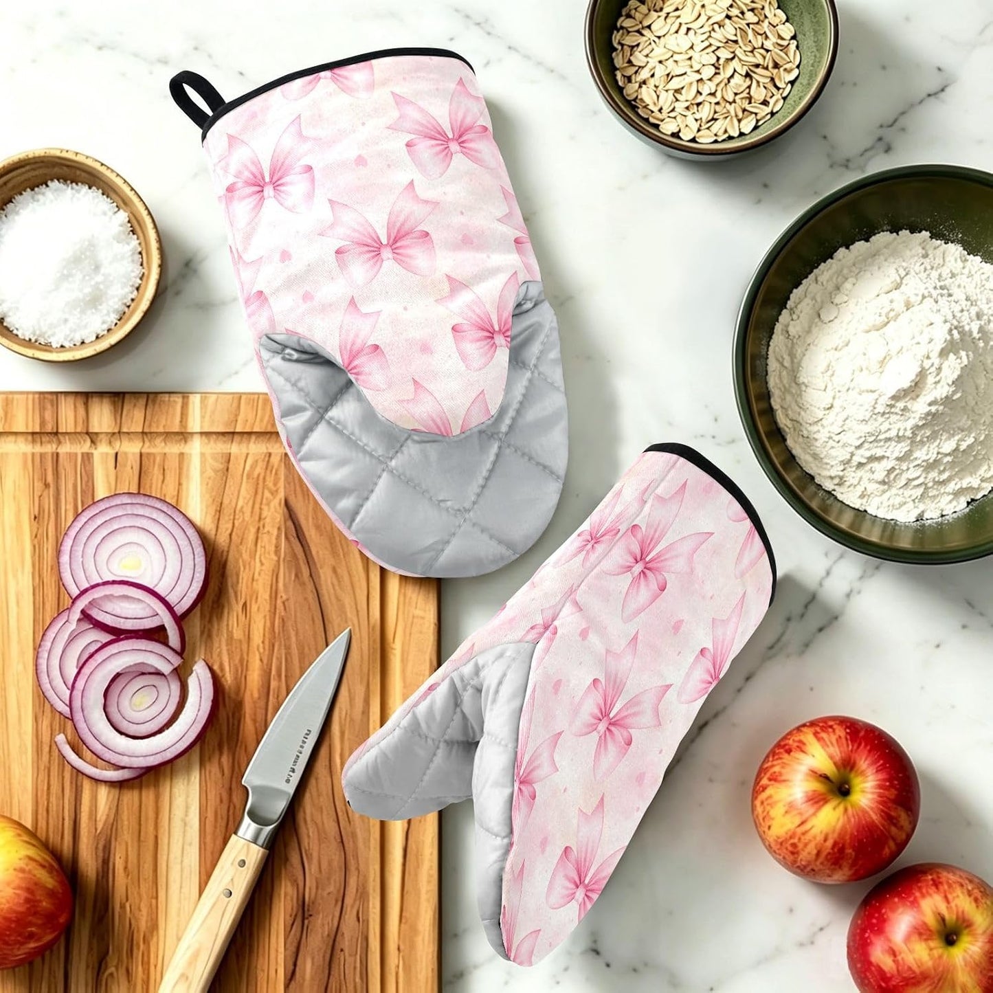 Bows Light Pink Non-Slip Oven Mitts Set Heat Resistant Kitchen Gloves with Quilted Liner Cotton Machine Washable with Hanging Loop for Baking Grilling BBQ