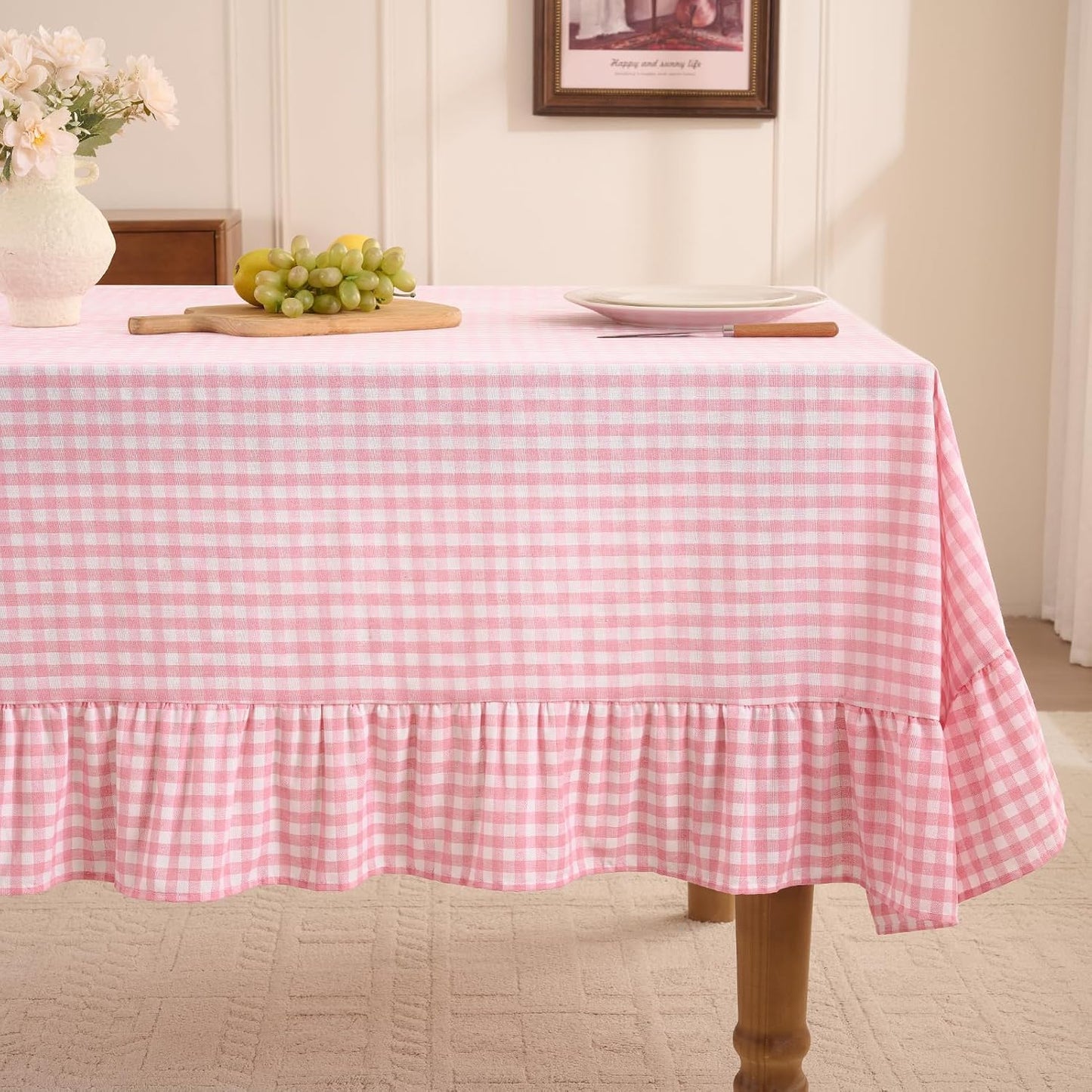 Romanstile Gingham Ruffled Tablecloth Rectangle - Waterproof Linen Cotton Checkered Table Cloth, Outdoor Plaid Table Cover for Picnic, Camping, Party - 60 x 84 Inch, Pink