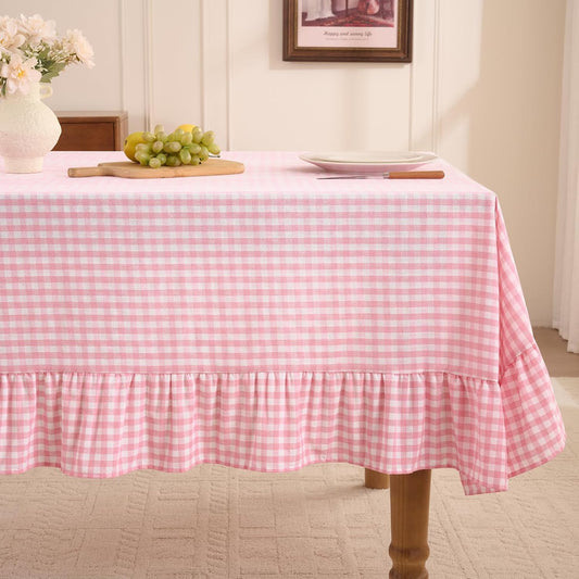 Romanstile Gingham Ruffled Tablecloth Rectangle - Waterproof Linen Cotton Checkered Table Cloth, Outdoor Plaid Table Cover for Picnic, Camping, Party - 60 x 84 Inch, Pink