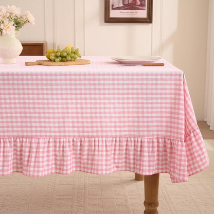 Romanstile Gingham Ruffled Tablecloth Rectangle - Waterproof Linen Cotton Checkered Table Cloth, Outdoor Plaid Table Cover for Picnic, Camping, Party - 60 x 120 Inch, Pink