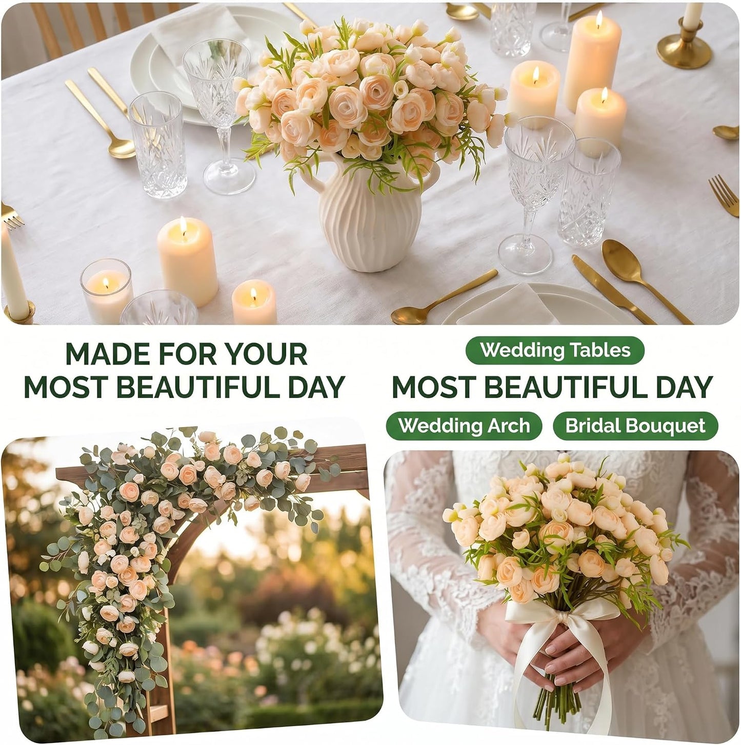 Artificial Ranunculus Flowers Cream Peach Faux Silk 20Pcs Artificial Flowers Bouquet for Home Decor Wedding DIY Gifts