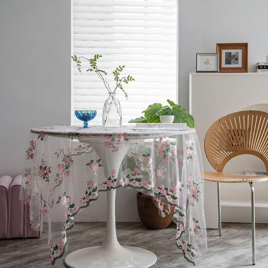 Pink Floral Embroidery Lace Tablecloth - Vintage Lace Table Cover Overlay for Kitchen Parties Wedding Holiday Banquet Dining Room Coffee Table Decoration (Rectangle/Oblong, 51 x 63 Inch)