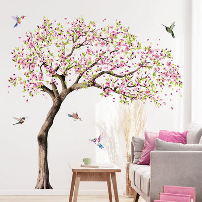 Large Cherry Flower Tree Wall Decals Spring Pink Cherry Blossom Hummingbirds Wall Stickers Peel and Stick for Girls Bedroom Living Room Kitchen Sofa TV Backdrop Decoration Gift for Mom