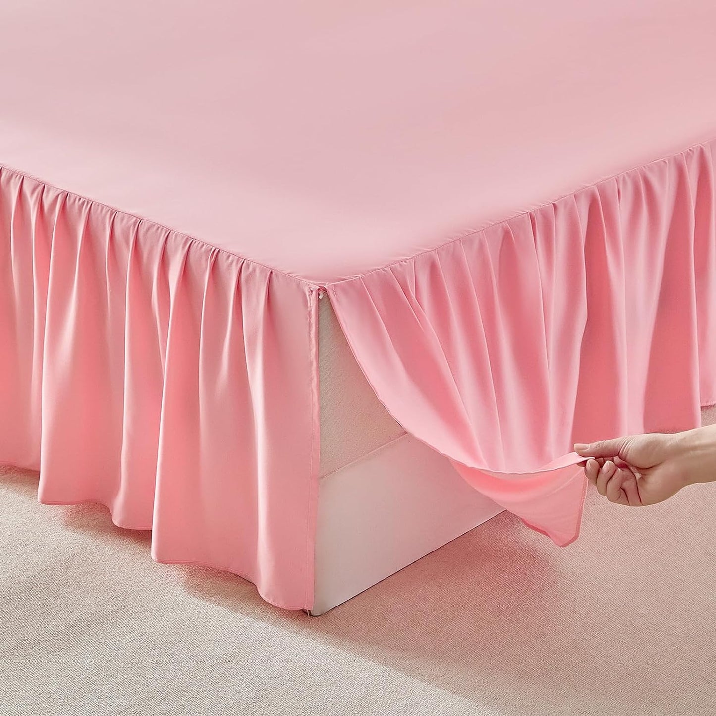 Uozzi Bedding Bed Skirt Queen Size Three Fabric Sides Elastic Dust Ruffled Bed Skirt with Split Corners, Full Ruffles Bed Skirts 16 Inch Drop with Platform, 16'' Queen Pink